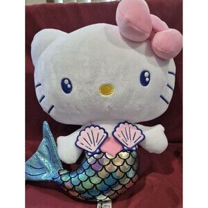 Sanrio Hello Kitty Mermaid Plush 12" Rainbow Iridescent Scale Tail Pink Bow EUC